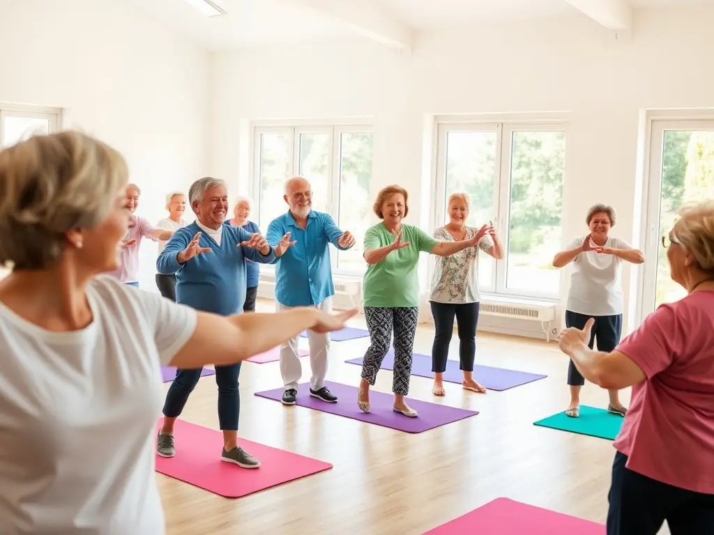 A group of seniors participating in a gentle exercise class, demonstrating ESFTT's dedication to providing accessible activities for all age groups.