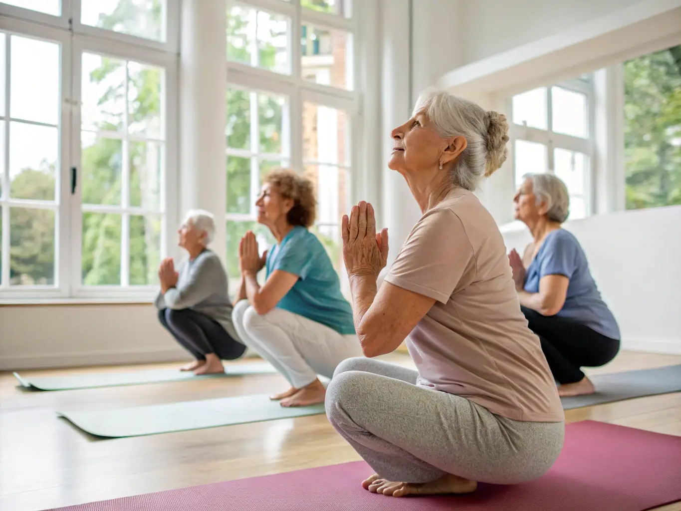 A serene image of seniors participating in a gentle yoga session, emphasizing health and wellness for all age groups.