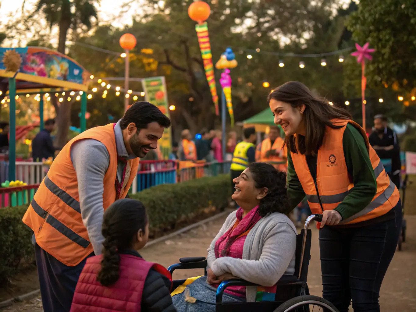 A photograph of ESFTT volunteers assisting participants with disabilities during a cultural event, emphasizing the organization's commitment to accessibility.