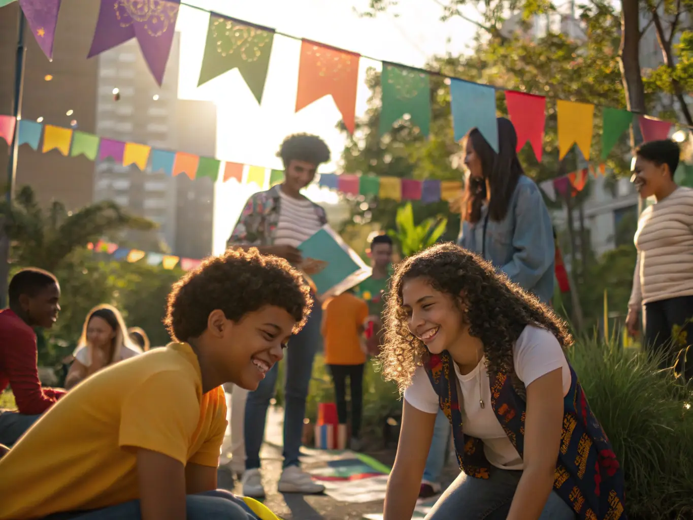 A vibrant scene of community members of all ages and backgrounds interacting and enjoying a cultural festival organized by ESFTT, highlighting community connection.