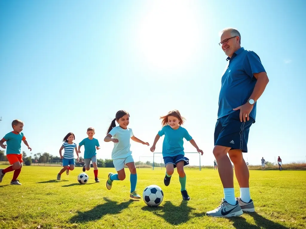 A vibrant image of children participating in a soccer game, showcasing teamwork and physical activity in a community setting.