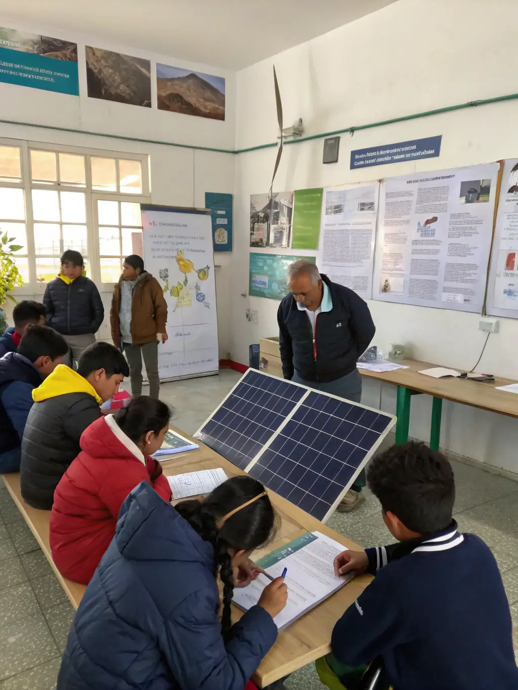 A photo of a training session on renewable energy solutions, with participants learning about solar panels and energy efficiency.