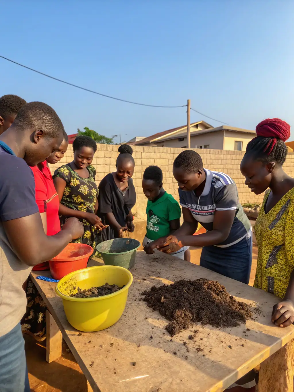 A group of people participating in a sustainable living workshop, learning about composting and waste reduction techniques.