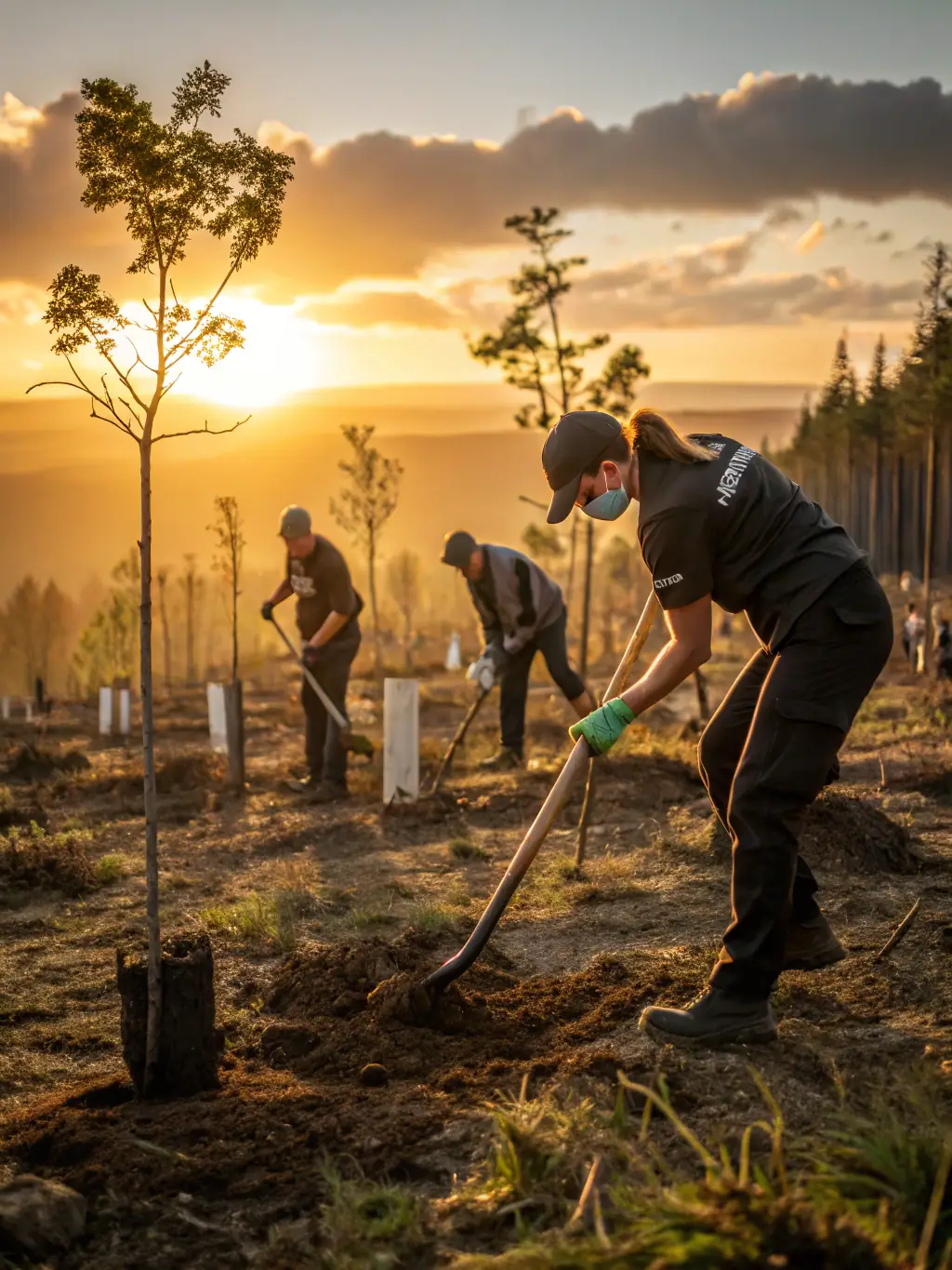 A vibrant photo of volunteers planting trees in a community garden in Lyon, showcasing THE GREENER GOOD's commitment to environmental restoration.