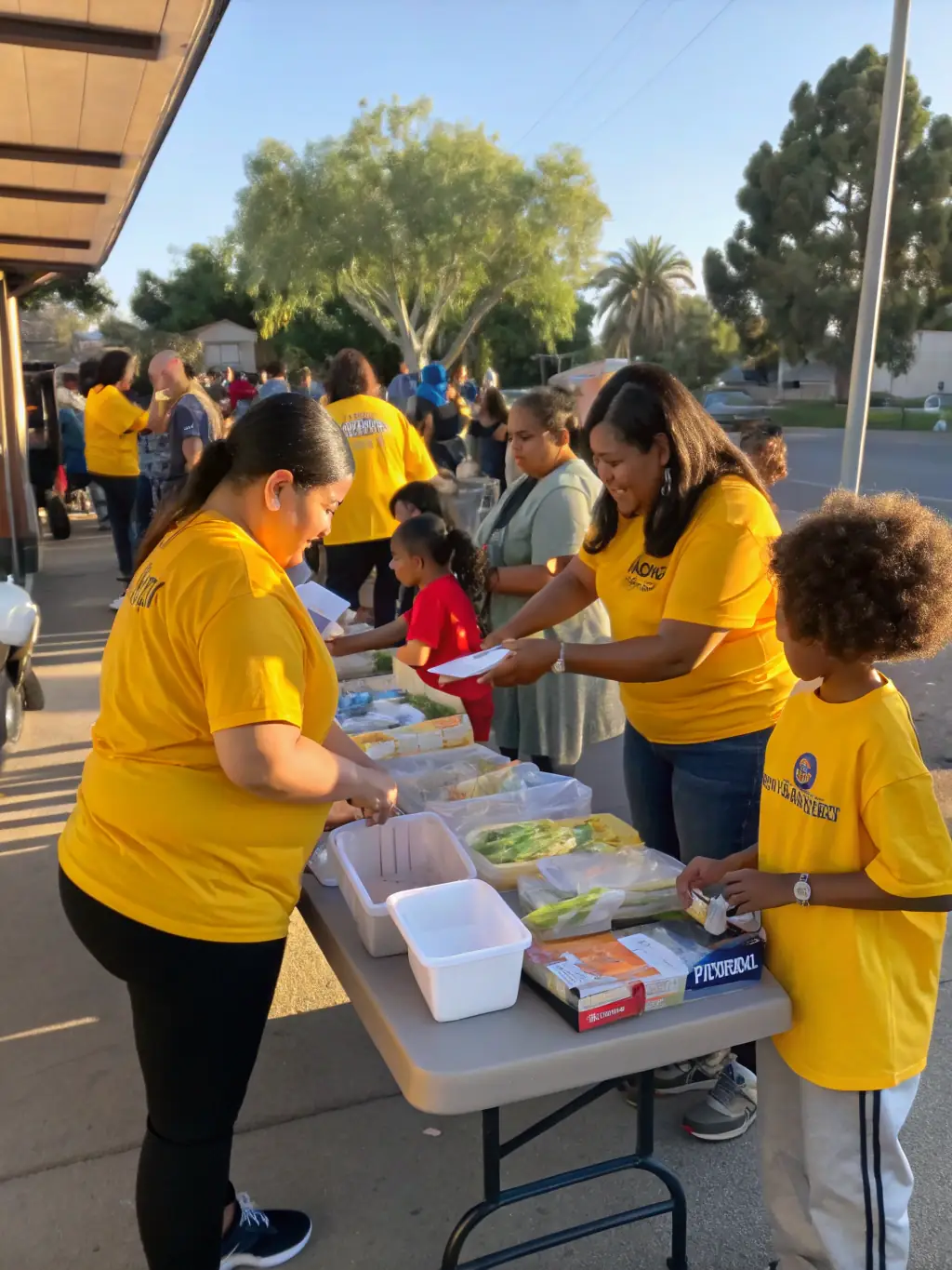 An image of reusable containers and bags being distributed at a community event, promoting sustainable consumption habits.