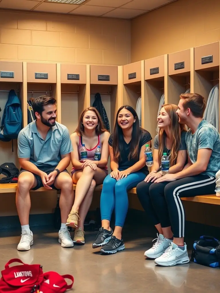 A group of club members laughing and socializing after a rowing session, highlighting the friendly and supportive community at Aviron Tours Métropole.