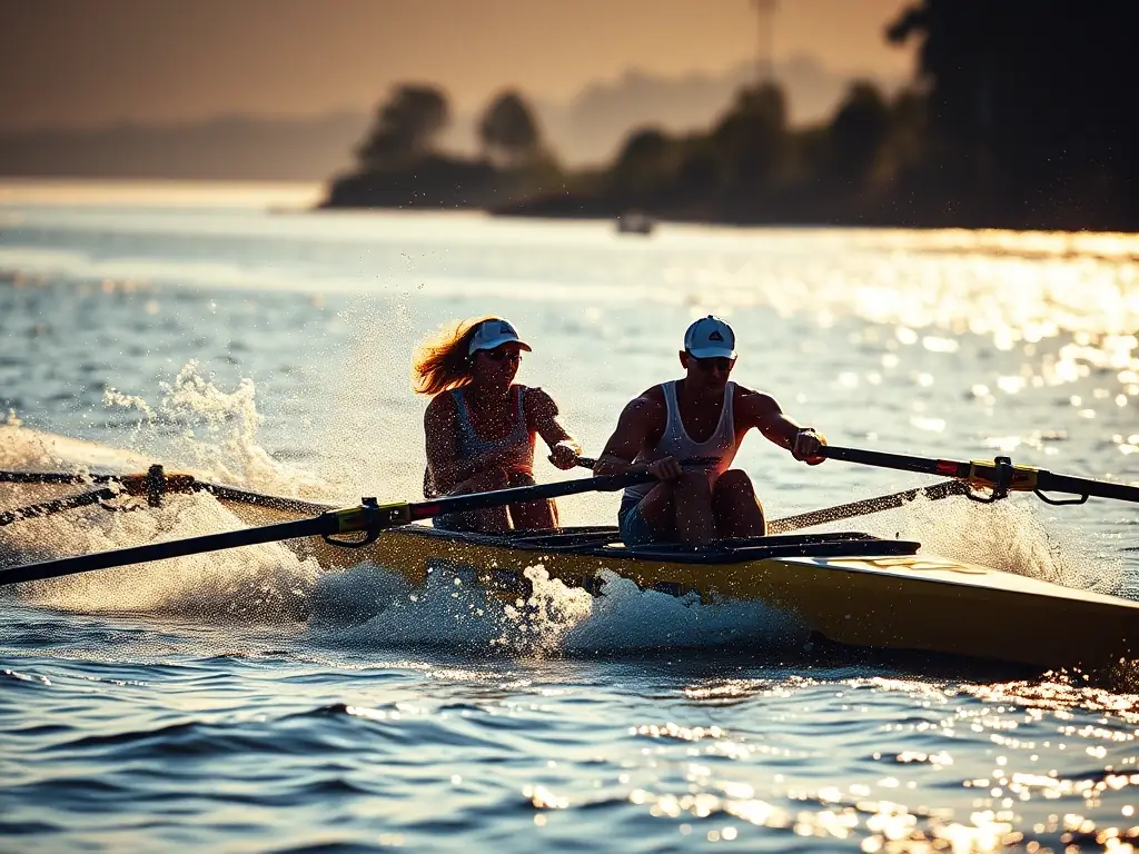 A dynamic image of a rowing team in action on the water, showcasing their synchronized movements and teamwork during a training session.