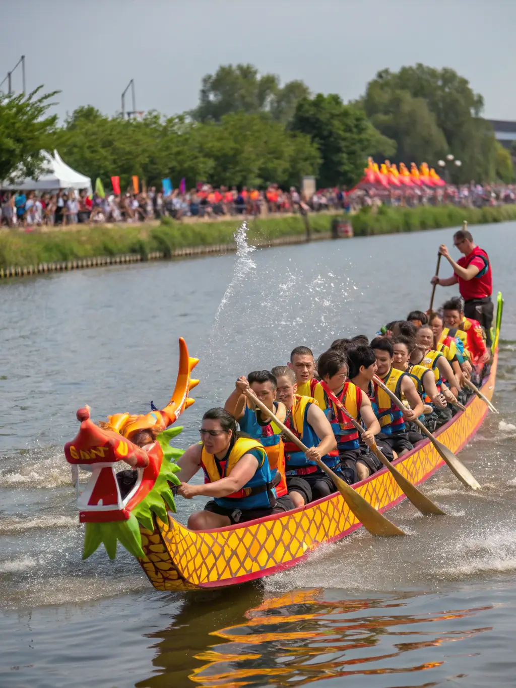 A visually appealing image of a special rowing event, such as a regatta or a fundraising event, with participants and spectators enjoying the atmosphere.