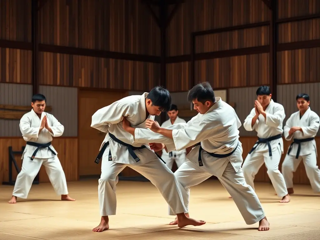 A focused image of adult students practicing advanced judo techniques, showcasing the intensity and skill involved in the adult programs at DOJO CLOVIS. The setting is a traditional dojo, emphasizing the discipline and respect inherent in the martial art.