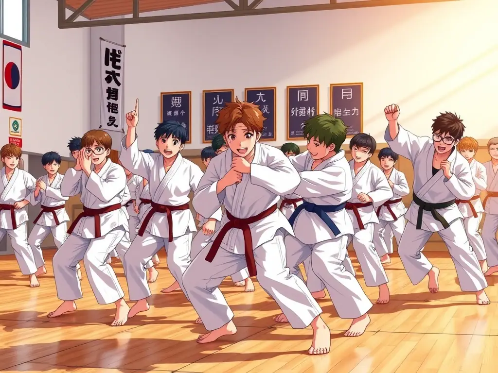 A group of students participating in a judo demonstration, showcasing their skills and teamwork at a DOJO CLOVIS event. The image captures the excitement and camaraderie of the dojo community.