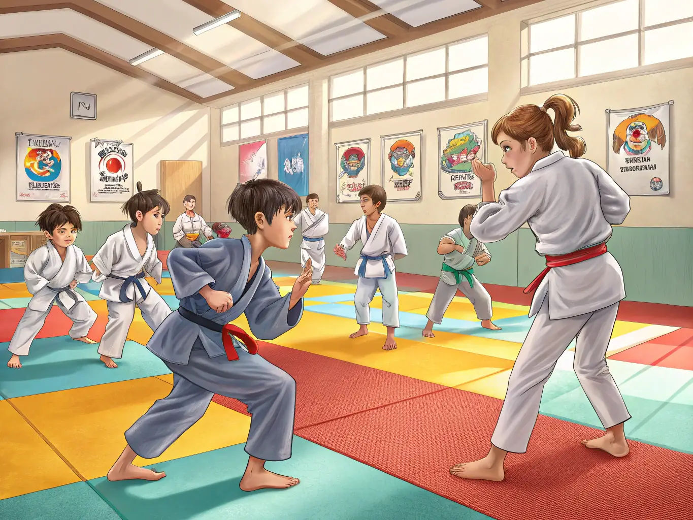 A dynamic shot of children participating in a Judo class at DOJO CLOVIS, showcasing their engagement and enthusiasm under the guidance of an instructor. The image is taken during a training session, highlighting the energy and focus of the young participants.