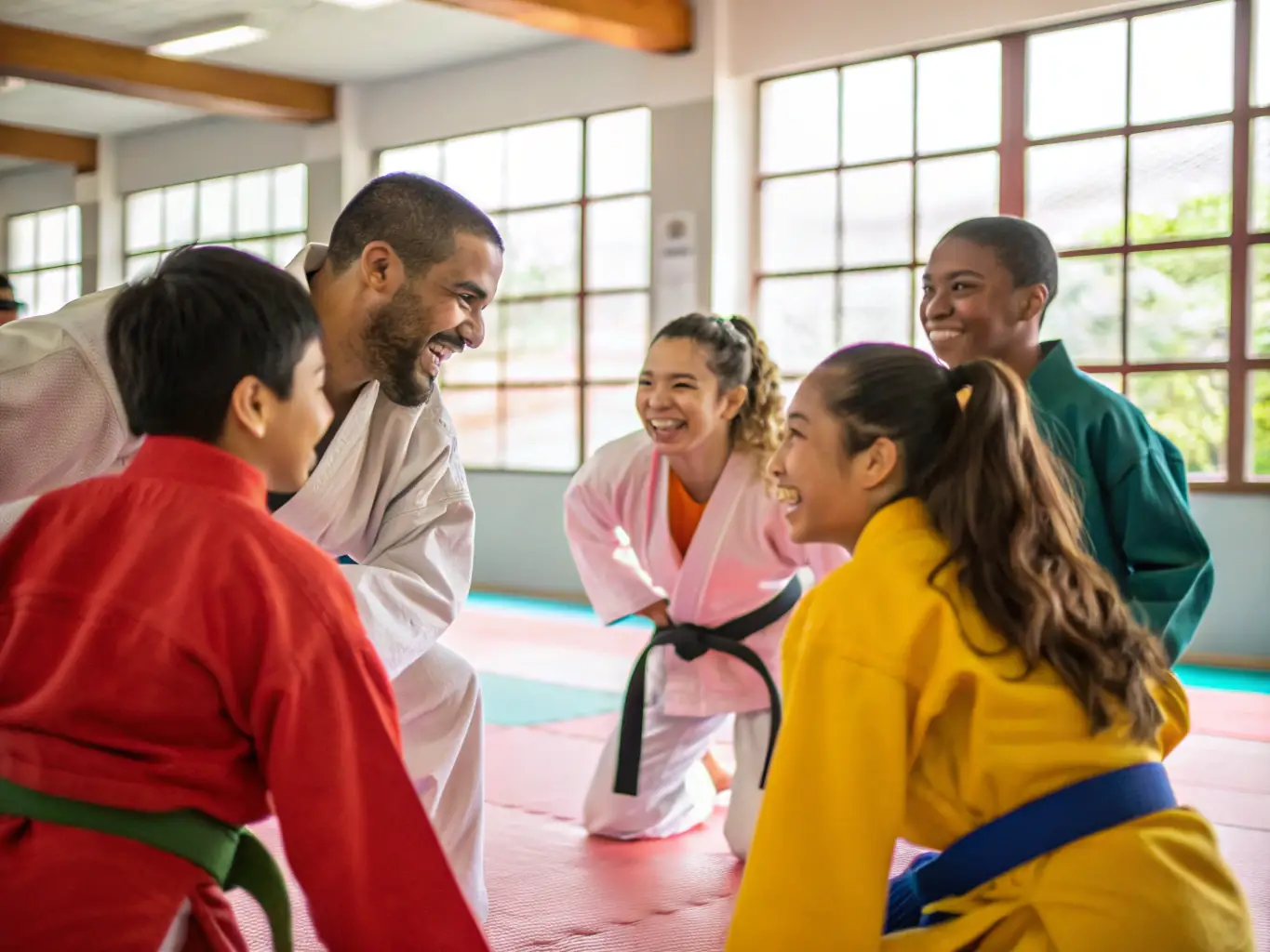 A group of smiling students are gathered after a judo class, showcasing the strong sense of community and camaraderie within DOJO CLOVIS. The image conveys a feeling of belonging and mutual support.
