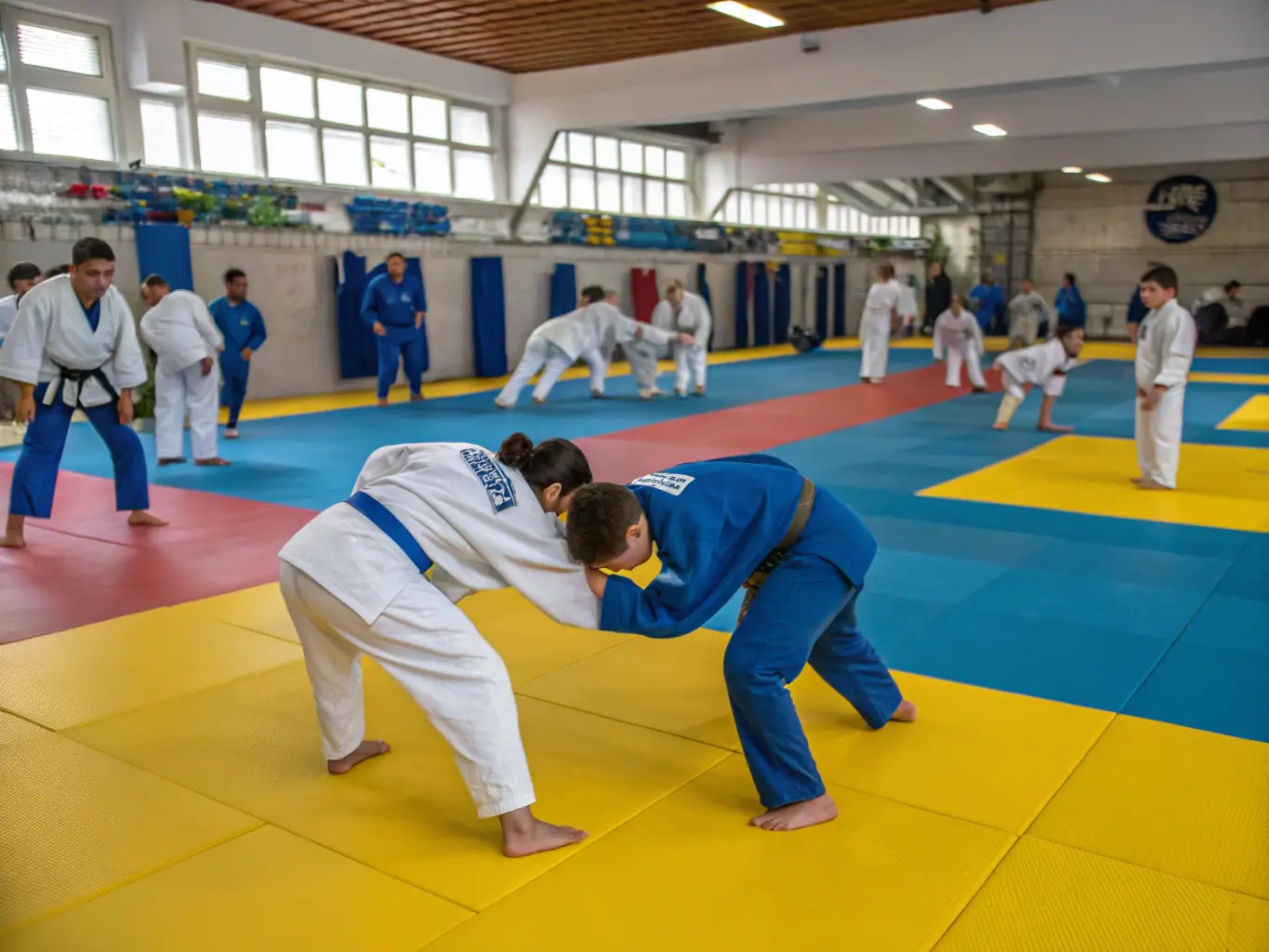 A dynamic image showing children participating in a judo class, demonstrating basic techniques under the guidance of an instructor at DOJO CLOVIS. The atmosphere is energetic and supportive, highlighting the fun and engaging aspects of the program.
