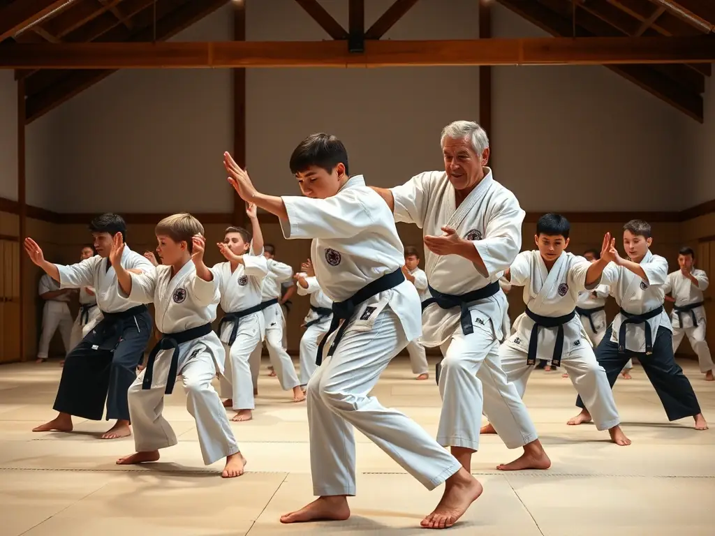 A diverse group of judo students of varying ages and skill levels are shown practicing throws and grappling techniques under the guidance of a seasoned instructor in a well-lit dojo. The atmosphere is supportive and encouraging.